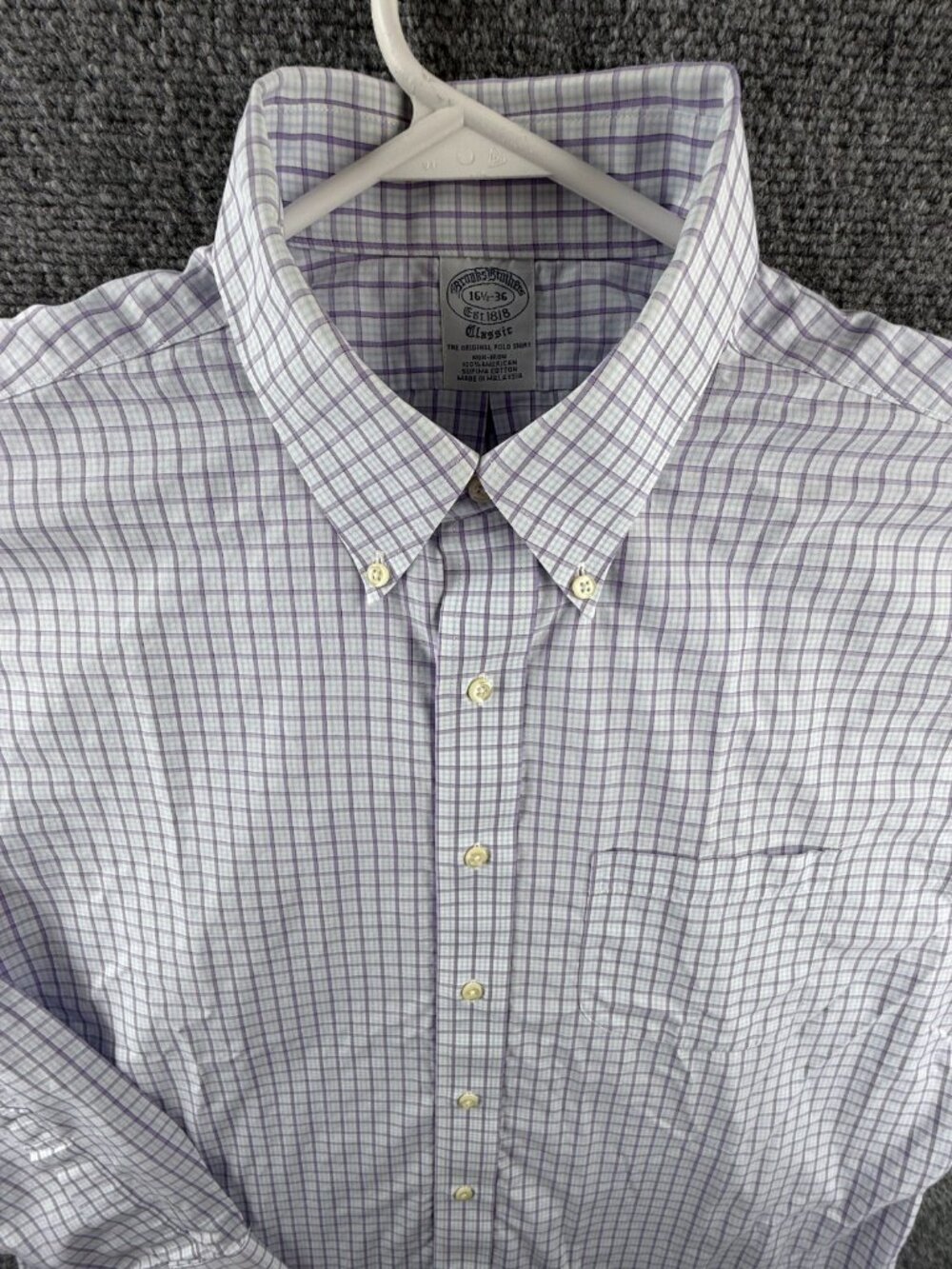 Brooks Brothers Check Non-Iron Classic Button-Down 16.5 36 Cotton Purple Shirt